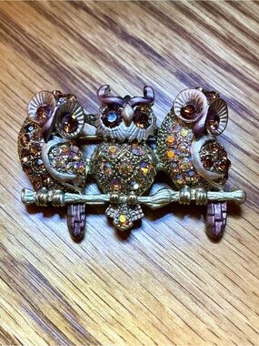 Vintage Owl Trio Rhinestone Brooch in Amber and Gold Tones